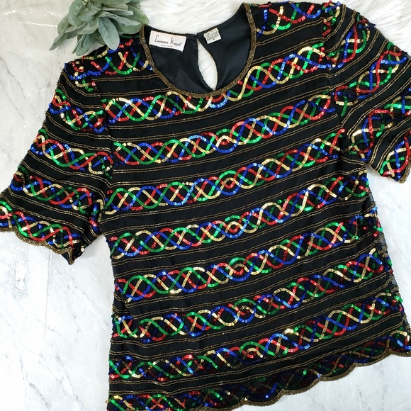 Vintage Tops - Vintage Black Silk Sequined Holiday Christmas Top
